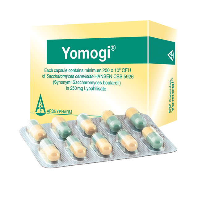 Saccharomyces boulardii (Saccharomyces cerevisiae HANSEN CBS 5926) as API, capsules finished product (probiotic). Brand name: Yomogi®