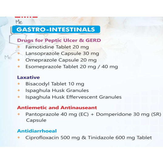 Gastro-Intestinal (Peptic Ulcer and GERD, Laxatives, Antiemetic, Antinauseant and Anti-diarrheic)