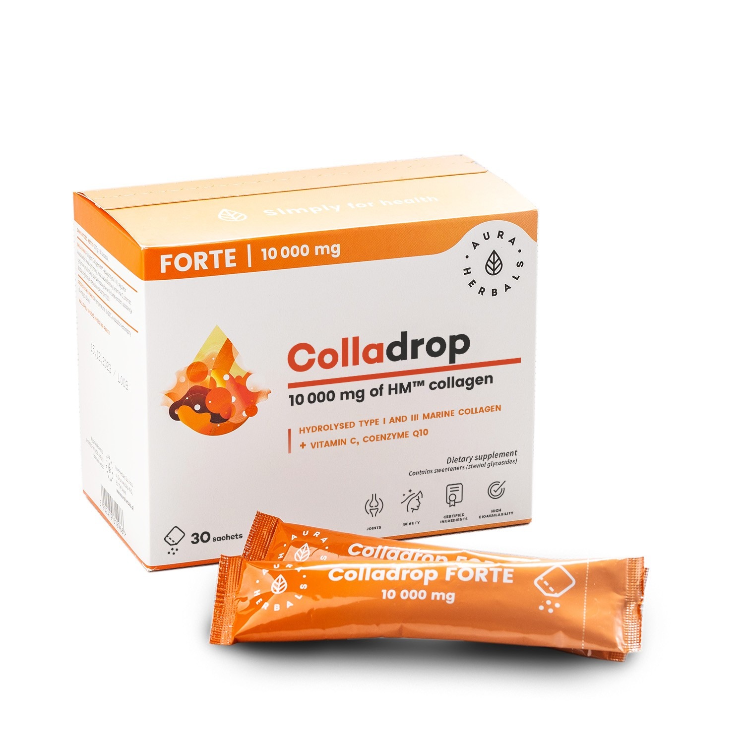 Aura Herbals Colladrop Forte, marine collagen 10000 mg, 30 sachets