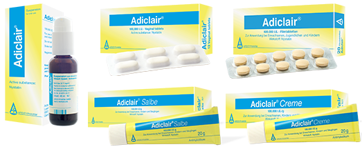 Nystatin (Adiclair®) tablets, suspension, ointment, cream, mouth gel for the treatment of fungi infections