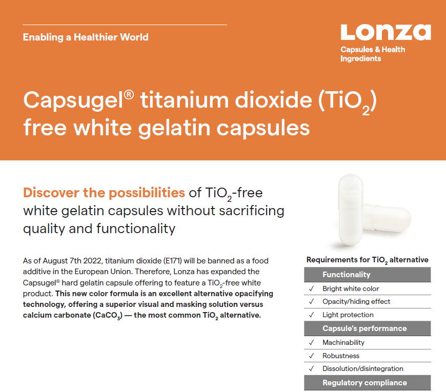 Capsugel®️ titanium dioxide (TiO2) free white gelatin capsules