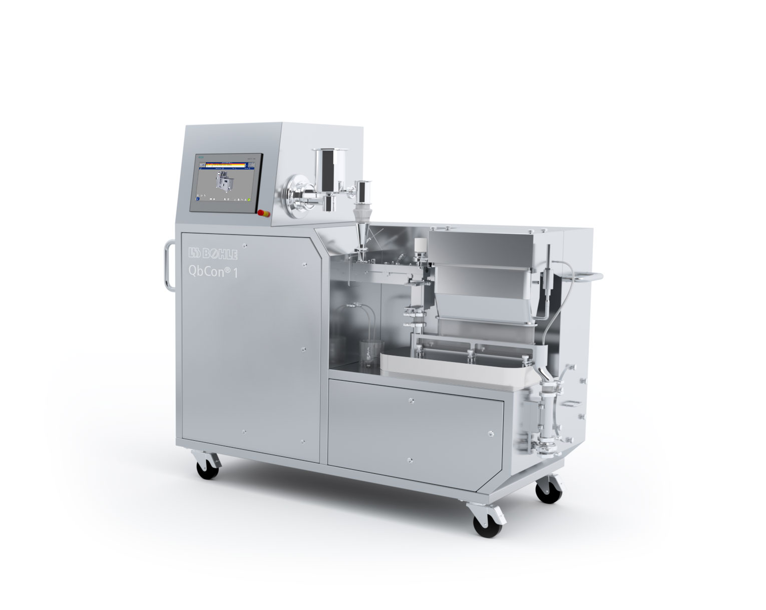 QbCon® 1 combines the three continuous processes of raw material dosing, twin-screw wet granulation and drying.