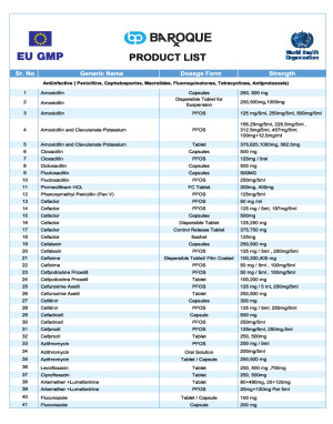 Baroque Pharmaceuticals Product list