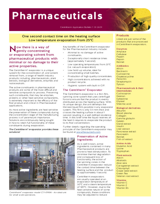 Centritherm evaporator for pharmaceutical products