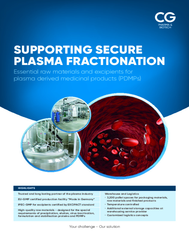 Raw materials for plasma fractionation and formulation of PDMPs