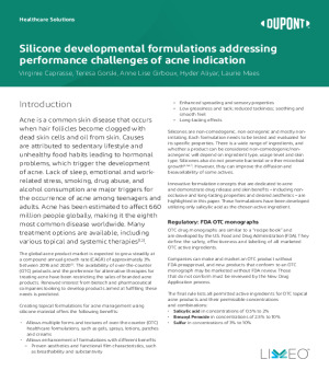 Silicone developmental formulations addressing performance challenges of acne in