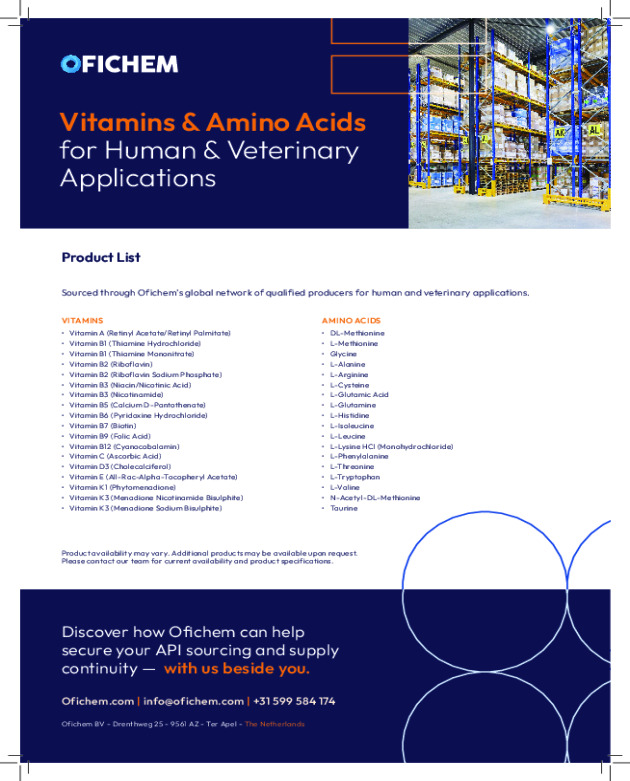 Sourcing & Distribution: Human & Veterinary API Catalogue-Vitamins & Aminoacids