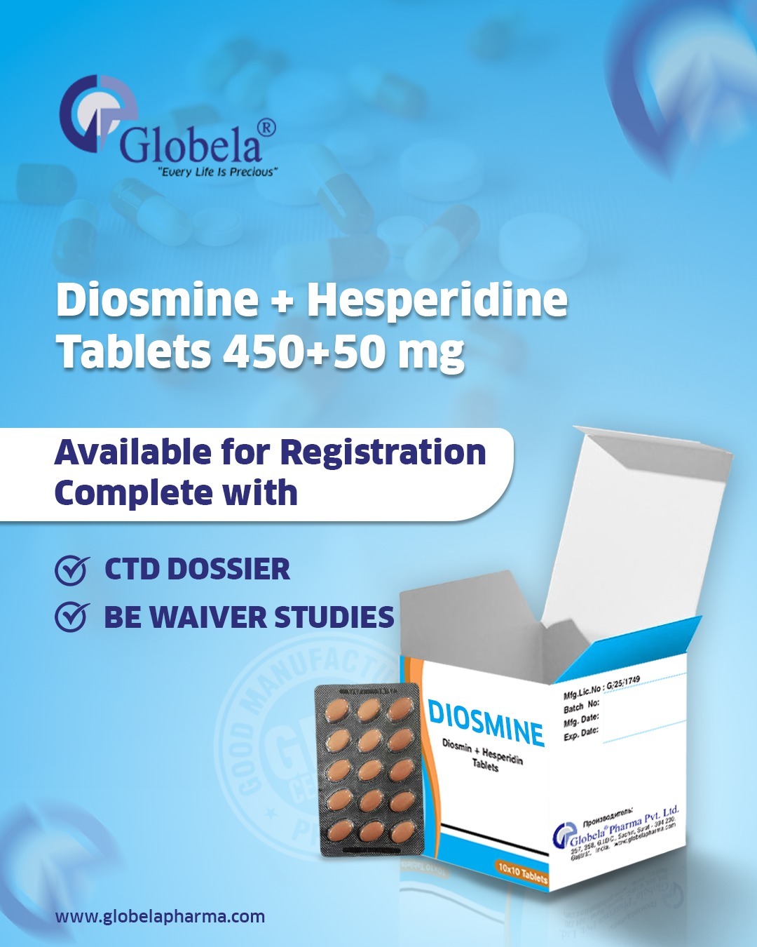 Diosmin + Hesperidine 500 mg tab, Ready CTD dossier for out licensing.