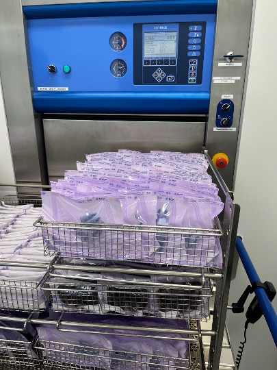 High-capacity steam sterilization of pharmaceutical glassware.