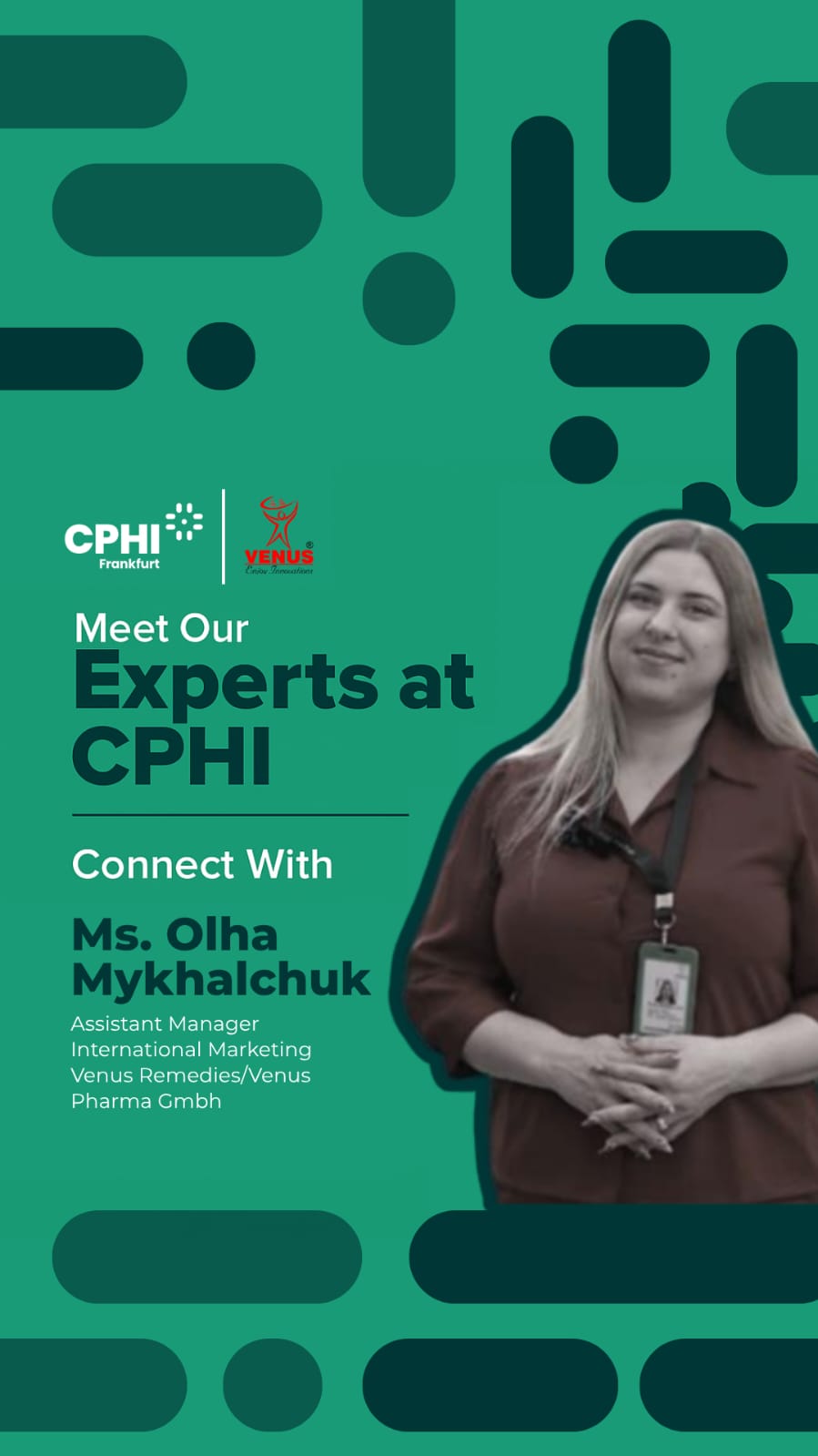 Olha Mykhalchuk, our driving force in the CIS region. Connect to Step into the future of pharma with Venus Remedies at CPHI Frankfurt 2025!