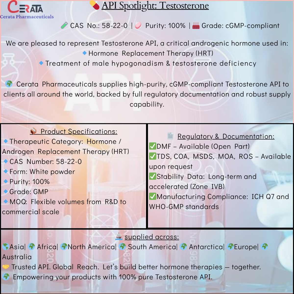 Testosterone API | 100% Pure | CAS Number: 58-22-0| Grade: IP/BP/USP