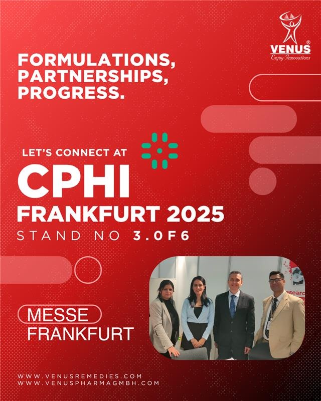 Venus Remedies invites you to Stand 3.0F6 from October 28–30, where we’ll unveil our latest breakthroughs in pharmaceuticals.