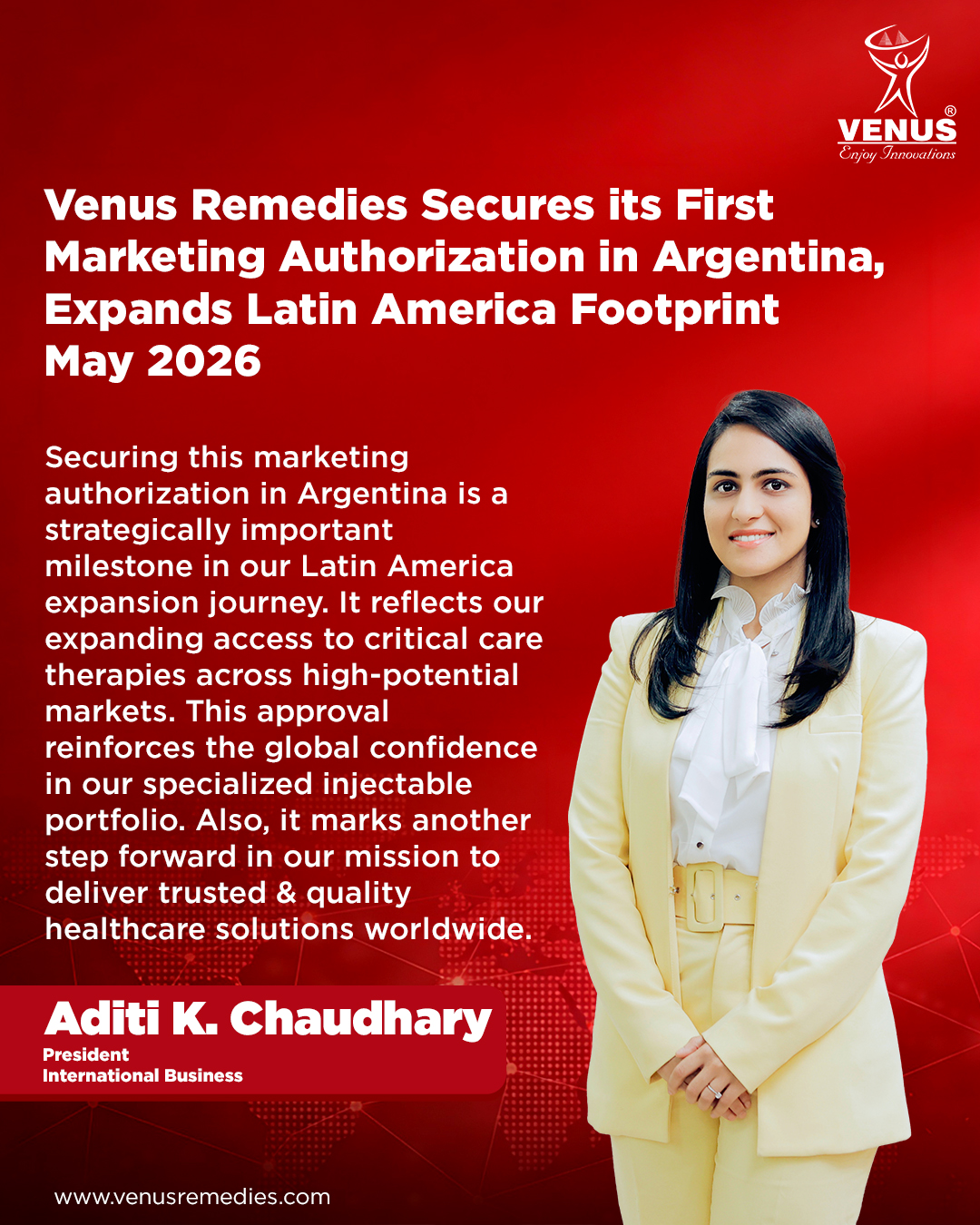 Venus Remedies Secures its First Marketing Authorization in Argentina, Expands Latin America Footprint: