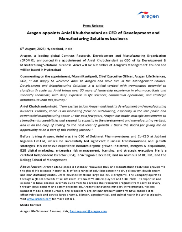 Aragen appoints Aniel Khubchandani as CEO of Development and Manufacturing Solutions business