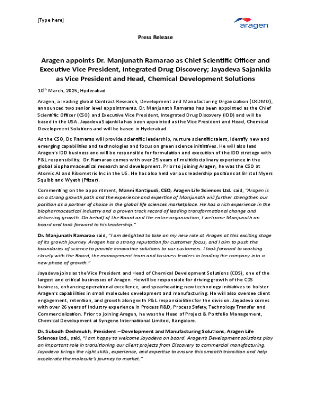 Aragen appoints Dr. Manjunath Ramarao & Jayadeva Sajankila