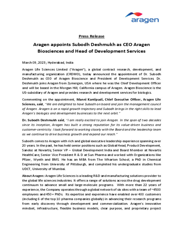 Aragen appoints Subodh Deshmukh as CEO Aragen Biosciences and Head of Development Services