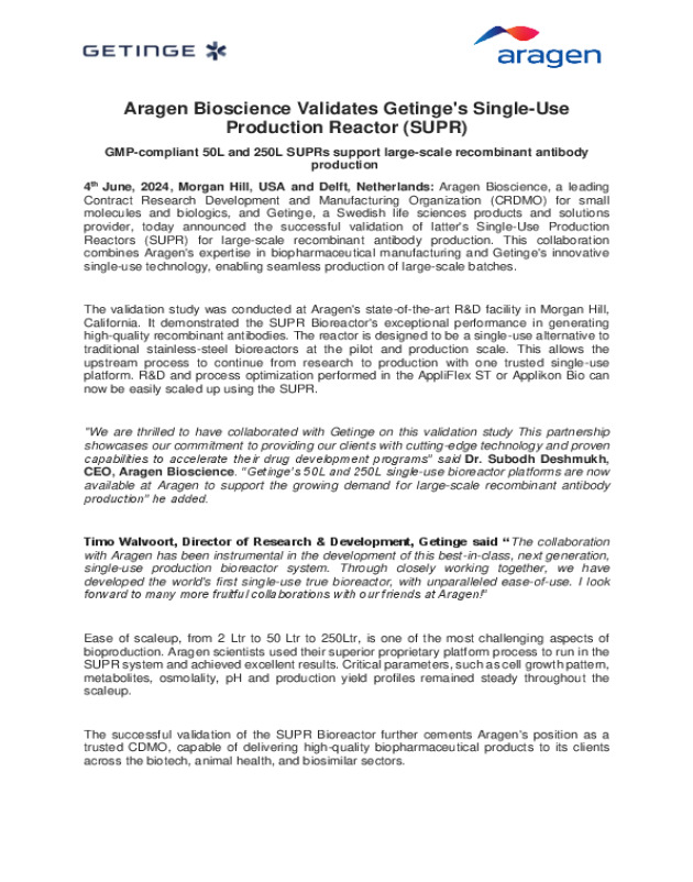 Aragen Bioscience Validates Getinge's Single-Use Production Reactor (SUPR)