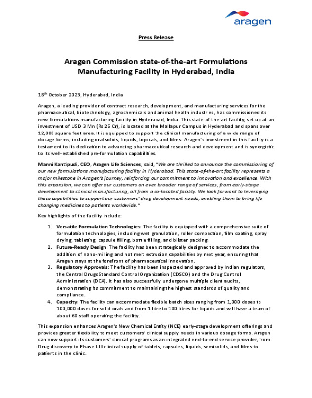 Aragen Commission state-of-the-art Formulations Manufacturing Facility in Hyderabad, India