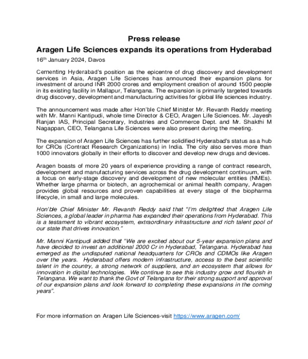 Aragen Life Sciences expands its operations from Hyderabad