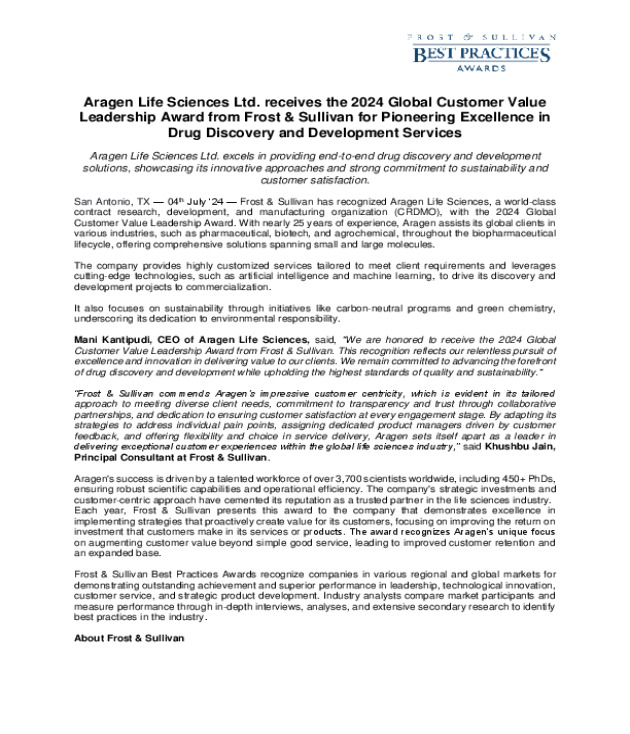 Aragen Life Sciences Ltd. receives the 2024 Global Customer Value Leadership Award