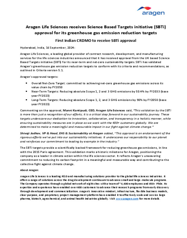 Aragen Life Sciences receives Science Based Targets initiative (SBTi) approval for its greenhouse gas emission reduction targets