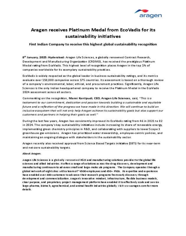 Aragen receives Platinum Medal from EcoVadis for its sustainability initiatives
