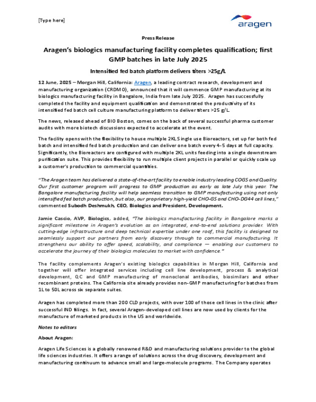 Aragen’s biologics manufacturing facility completes qualification; first GMP batches in late July 2025