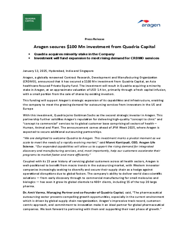 Aragen secures $100 Mn investment from Quadria Capital