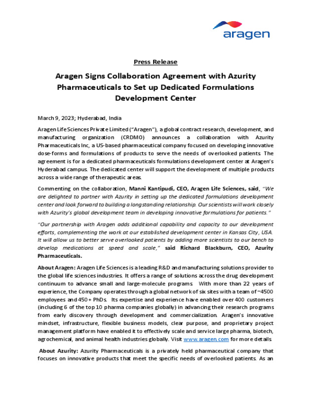 Aragen Signs Collaboration Agreement with Azurity Pharmaceuticals to Set up Dedicated Formulations Development Center