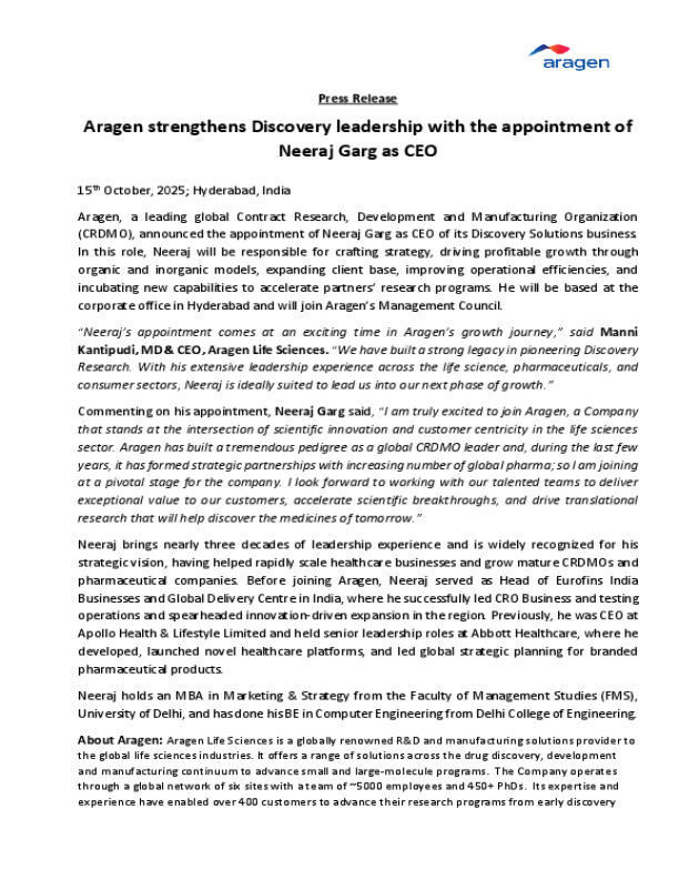 Aragen strengthens Discovery leadership with the appointment of Neeraj Garg as CEO of its Discovery Solutions business