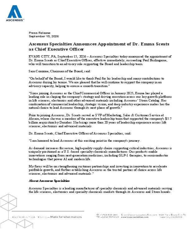 Ascensus Specialties Announces Appointment of Dr. Emma Sceats as Chief Executive Officer