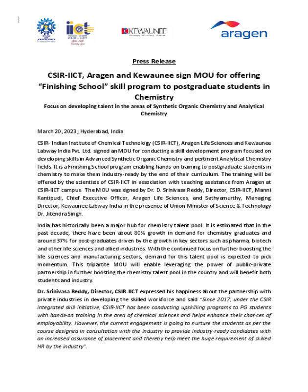 CSIR-IICT, Aragen and Kewaunee sign MOU for offering “Finishing School”