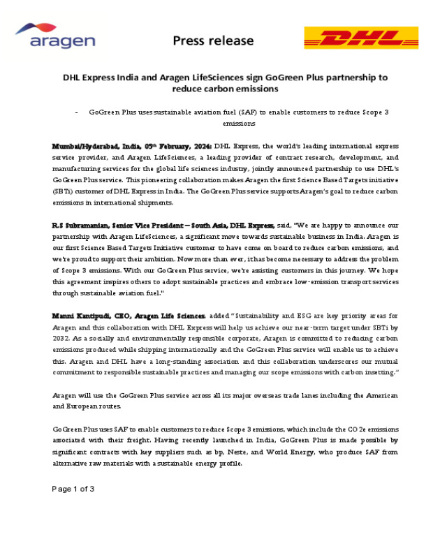 DHL Express India and Aragen LifeSciences sign GoGreen Plus partnership to reduce carbon emissions