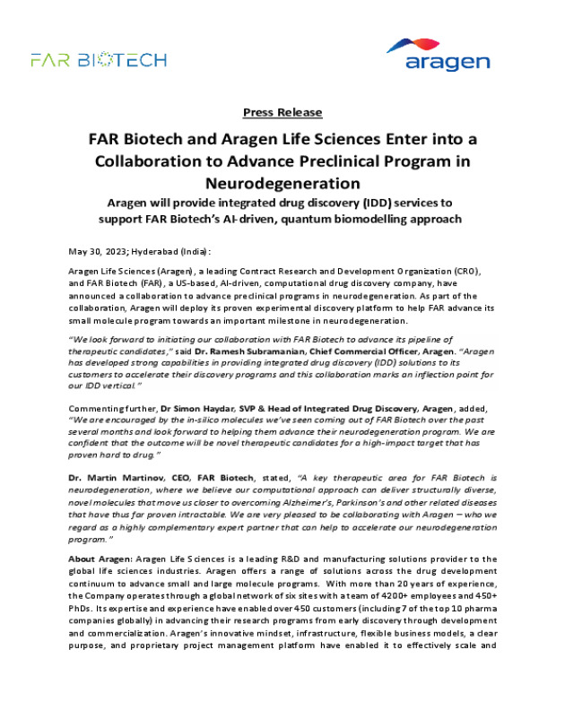FAR Biotech and Aragen Life Sciences Enter into a Collaboration to Advance Preclinical Program in Neurodegeneration