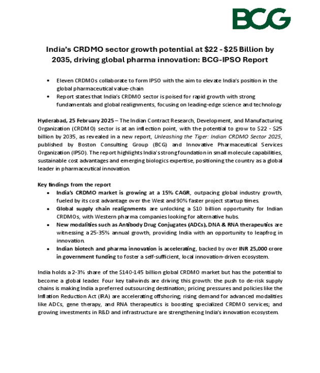 India’s CRDMO sector growth potential at $22 - $25 Billion by 2035, driving global pharma innovation: BCG-IPSO Report