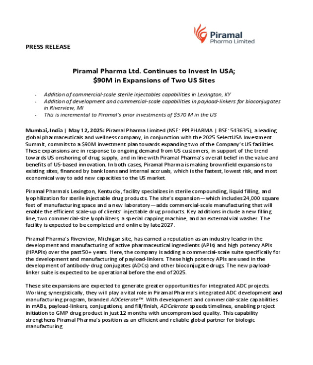 Piramal Pharma Ltd. Continues to Invest In USA; $90M in Expansions of Two US Sites