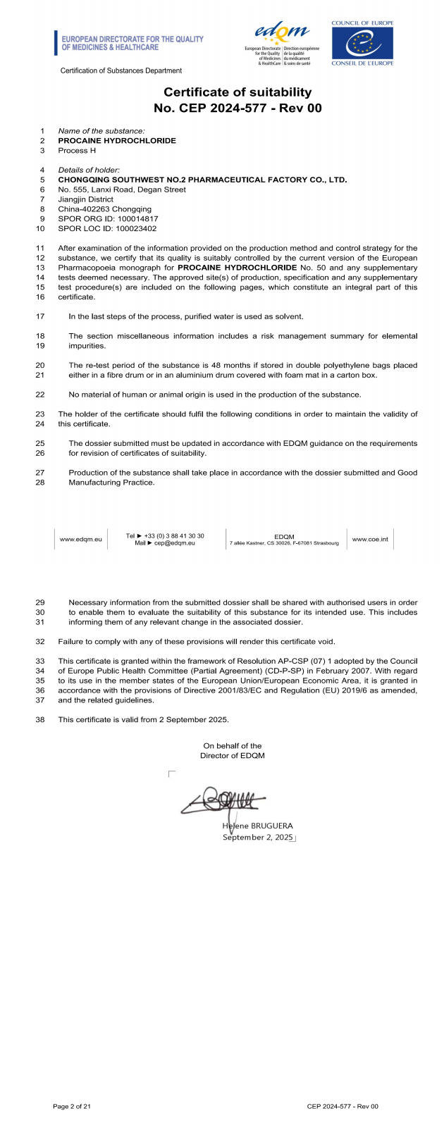 Procaine HCL CEP was granted by EDQM