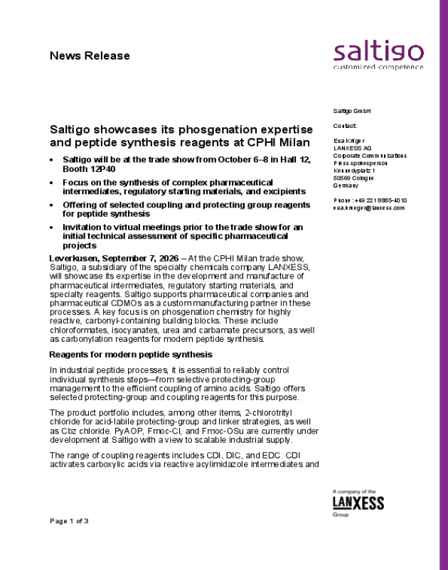 Saltigo showcases its phosgenation expertise and peptide synthesis reagents at CPHI Milan