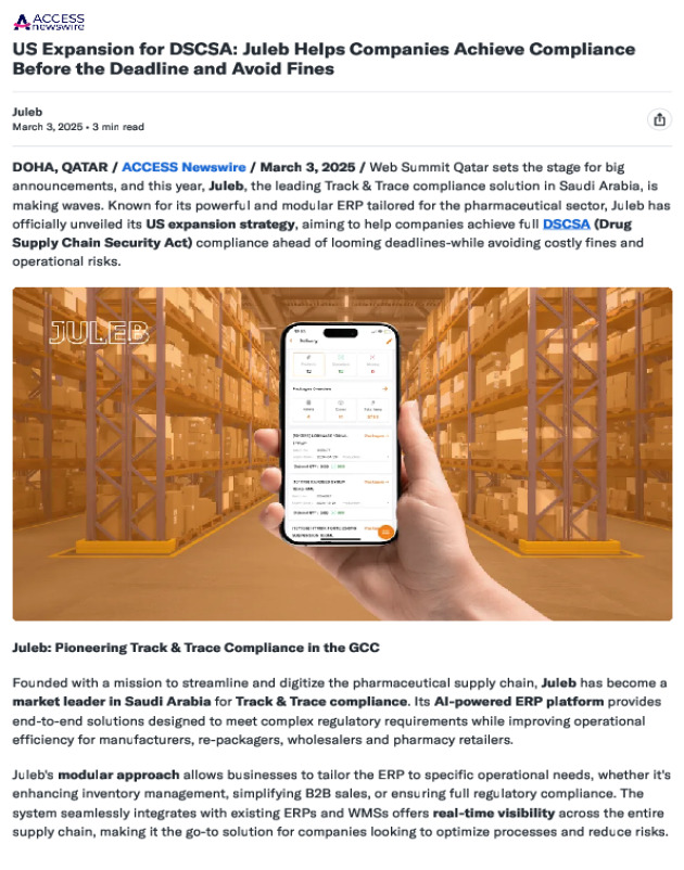 Yahoo Finance : US Expansion for DSCSA: Juleb Helps Companies Achieve Compliance Before the Deadline and Avoid Fines