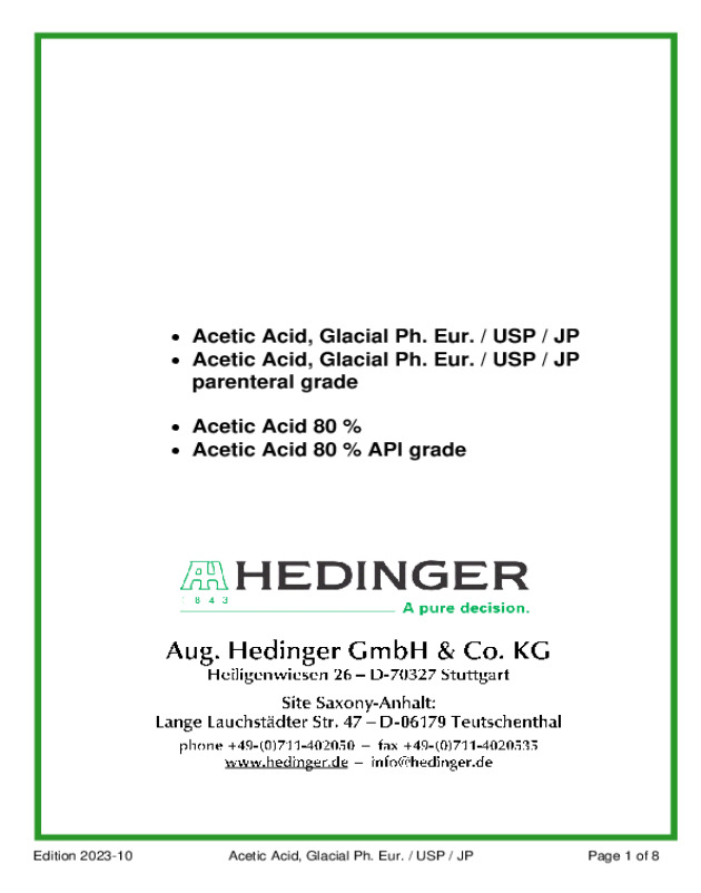 Acetic Acid, Glacial (99.9%)Ph.Eur./USP/JP parenteral grade