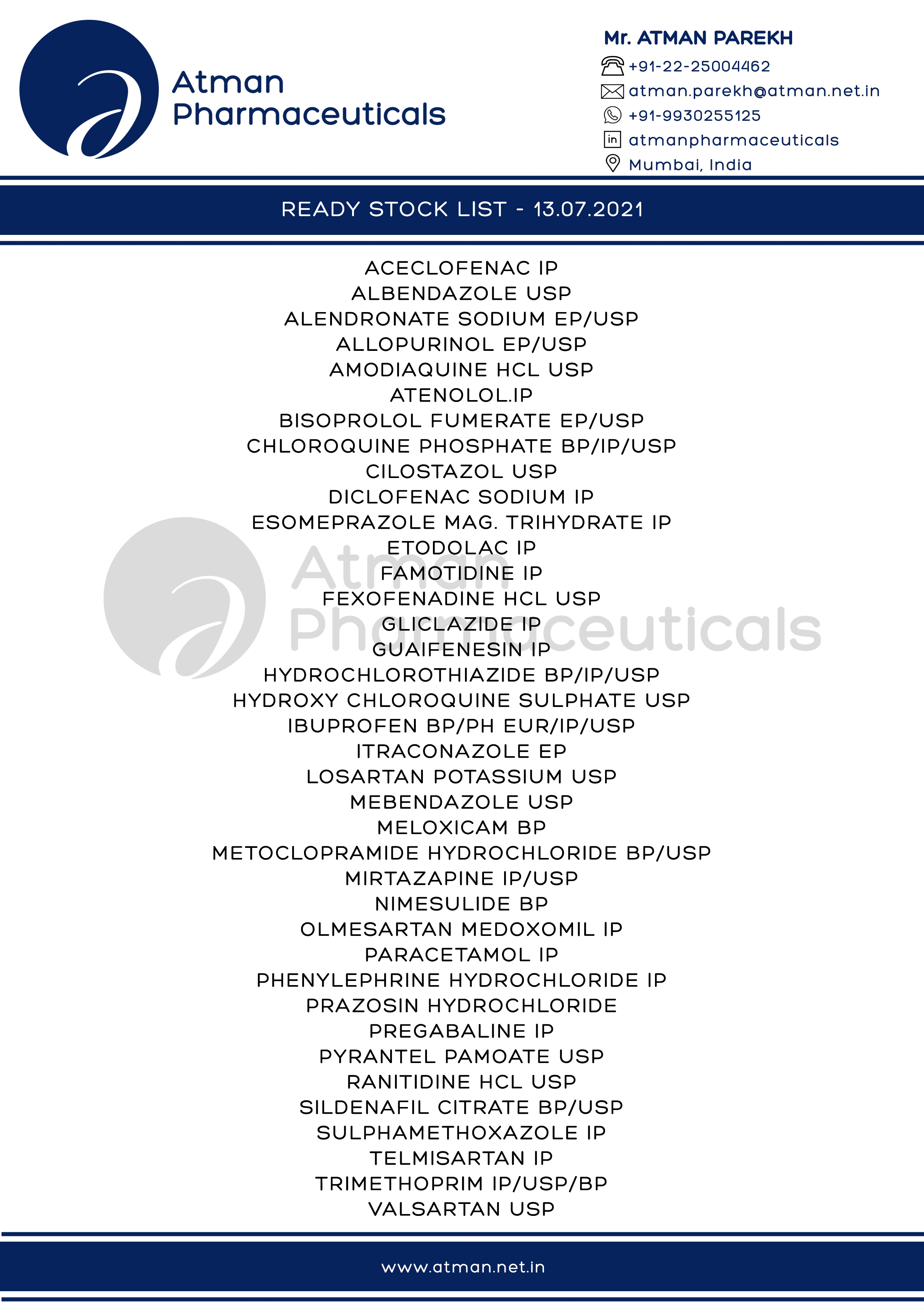 Atman Pharmaceuticals Product List