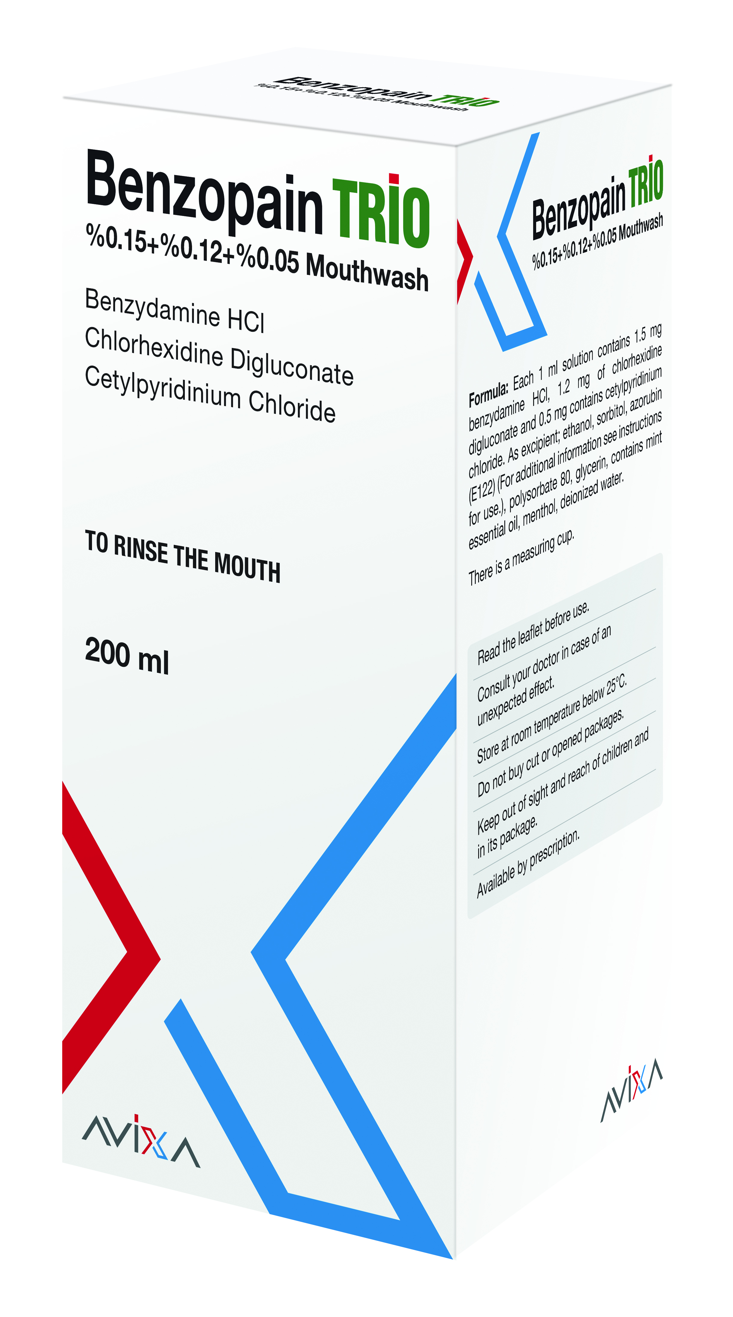 Benzopain Trio Mouthwash, 200 ml bottle (Benzydamine HCl + Chlorhexidine Digluconate + Cetylpyridinium Chloride)