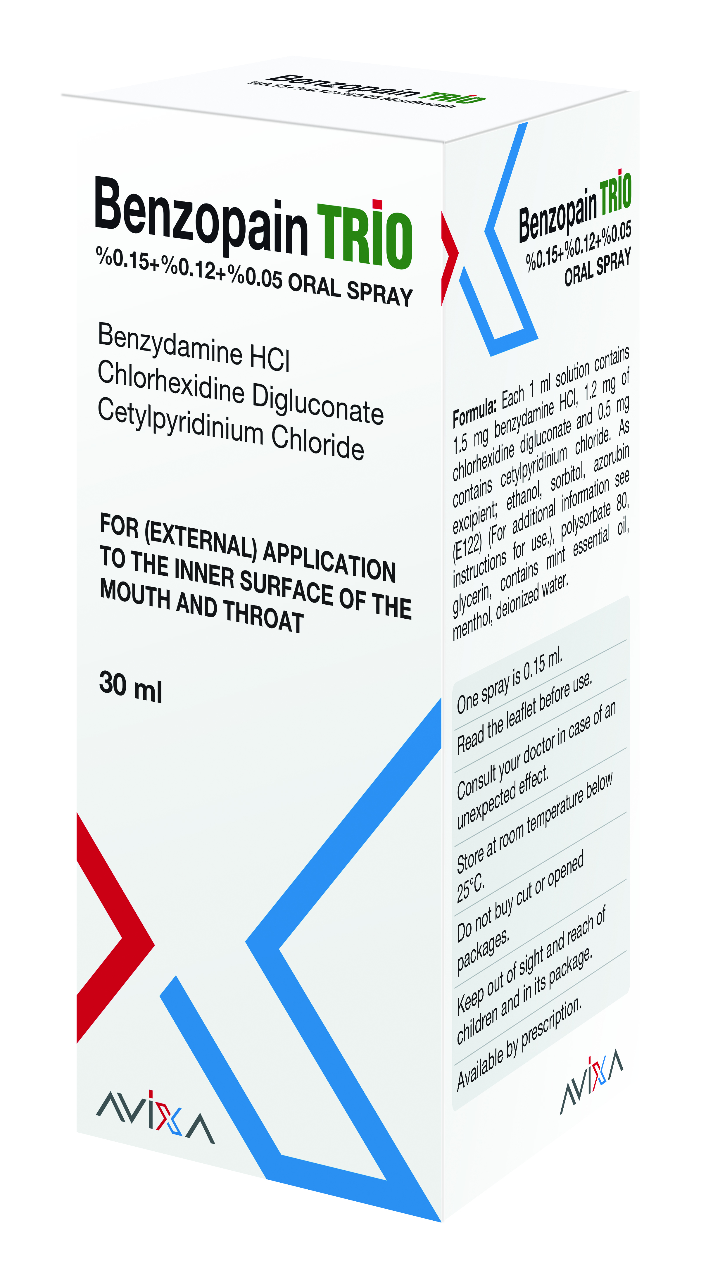 Benzopain Trio Oral Spray, 30 ml (Benzydamine HCl + Chlorhexidine Digluconate + Cetylpyridinium Chloride)