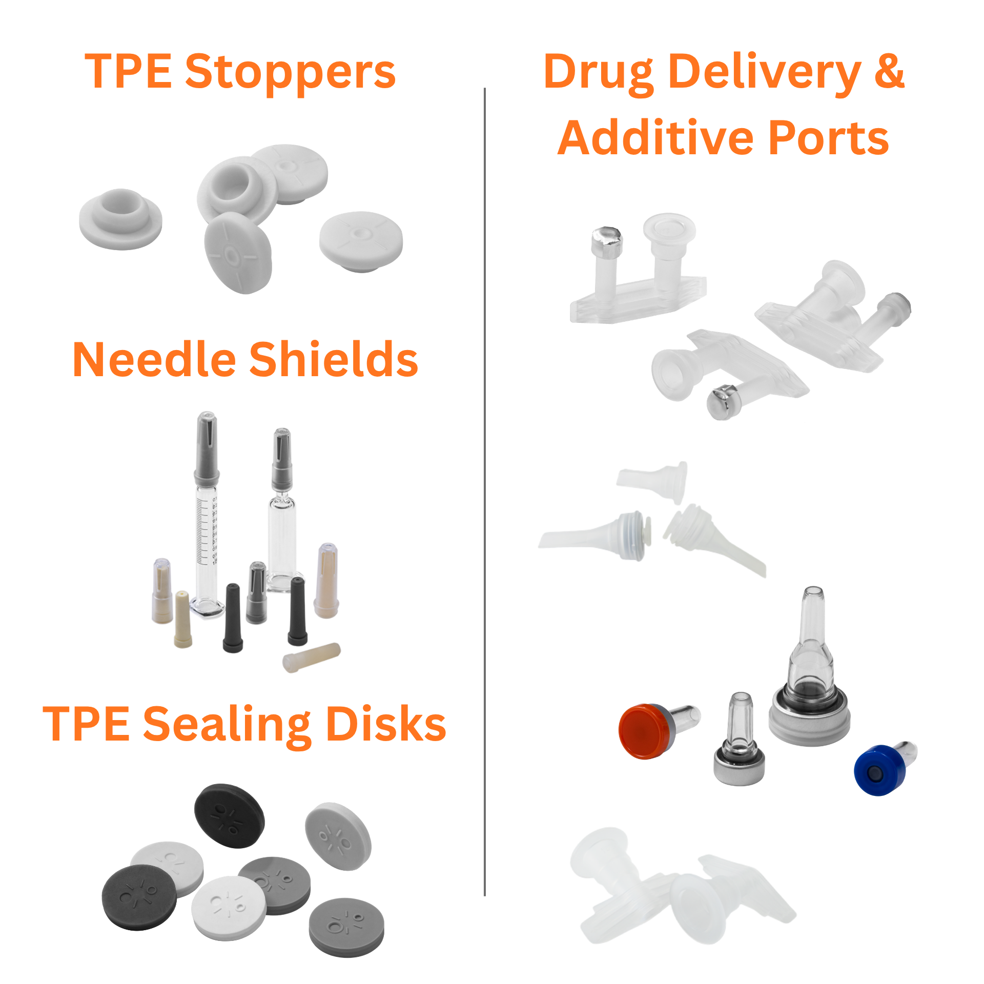 Drug Delivery & Additive Ports, TPE Stoppers, Needle Shields for Pre-Filled Syringes, TPE Sealing Disks