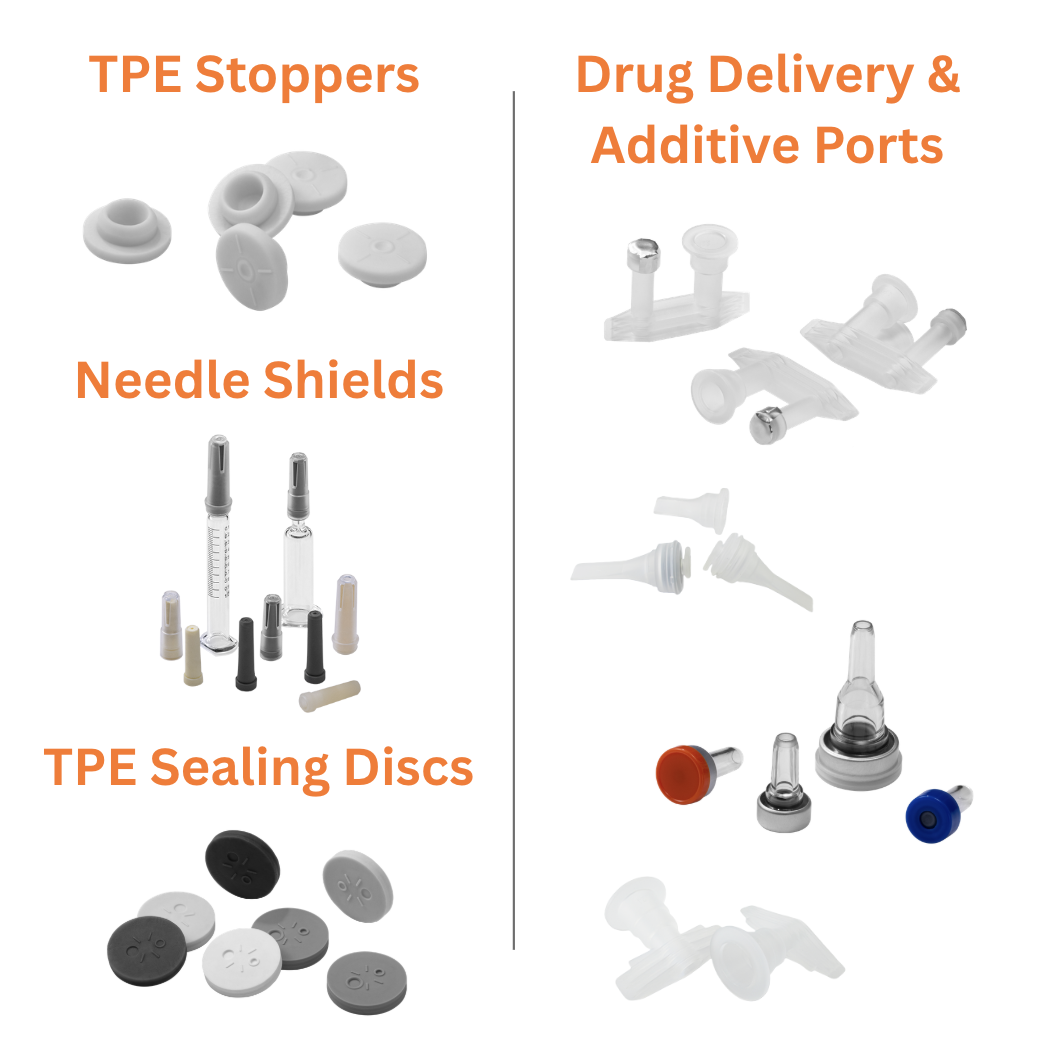 Drug Delivery & Additive Ports, TPE Stoppers, Needle Shields for Pre-Filled Syringes, TPE Sealing Discs