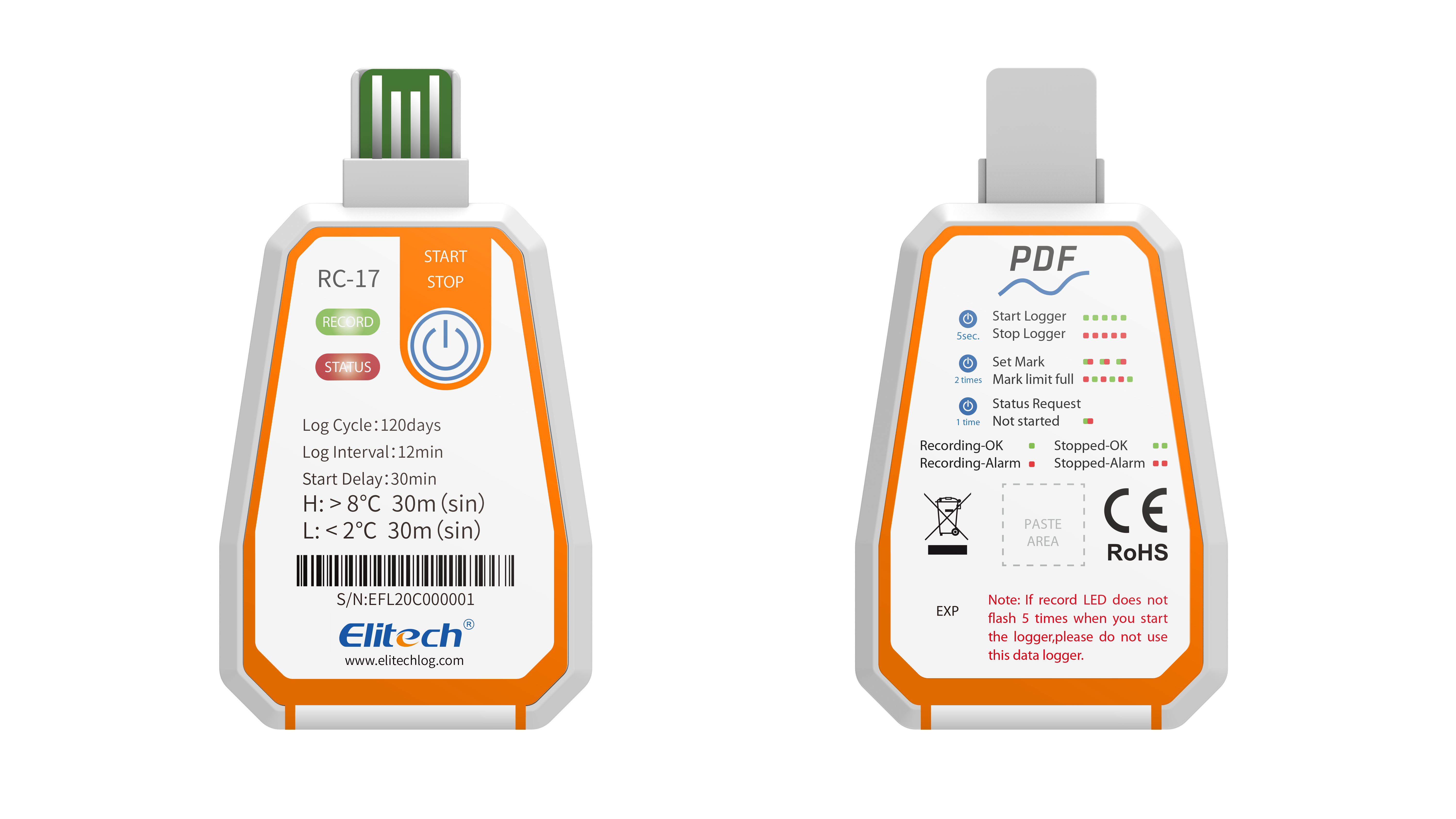 Elitech RC-17 Disposable Single-Use Temperature Recorder Data Logger USB PDF Report 2-Color Indicator 3