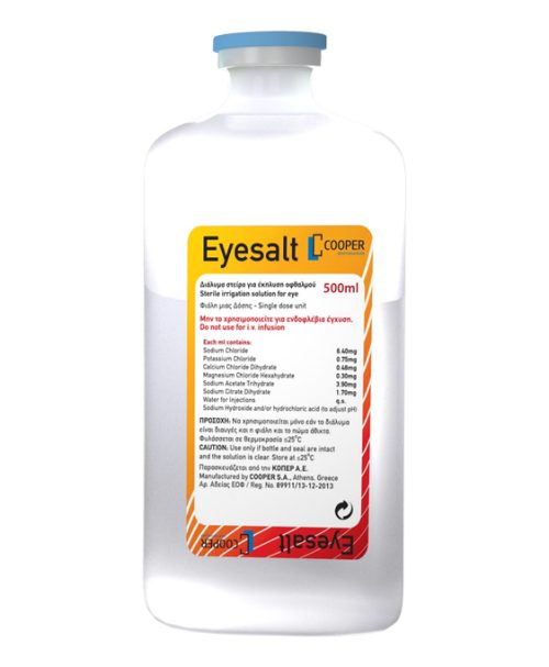EYESALT | Sodium Chloride, Potassium Chloride, Calcium Chloride Dihydrate, Magnesium Chloride Hexahydrate, Sodium Acetate Trihydrate, Sodium Citrate Dihydrate (7.5+20)g/FL