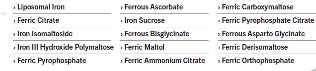 LIPOEDGE™ Liposomal Iron, Ferrous Bisglycinate, Ferric Citrate, Iron Polymaltose, Sucroferric Oxyhydroxide, Iron Isomaltoside, Ferric Derisomaltose,Ferric Pyrophosphate, Ferric Carboxymaltose,Ferric Ammonium Citrate,Ferrous Ascorbate,Ferric Maltol. 3