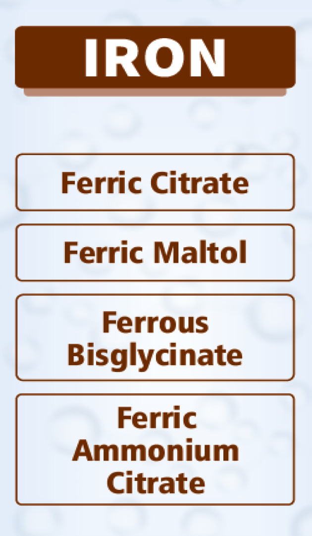 LIPOEDGE™ Liposomal Iron, Ferrous Bisglycinate, Ferric Citrate, Iron Polymaltose, Sucroferric Oxyhydroxide, Iron Isomaltoside, Ferric Derisomaltose,Ferric Pyrophosphate, Ferric Carboxymaltose,Ferric Ammonium Citrate,Ferrous Ascorbate,Ferric Maltol.