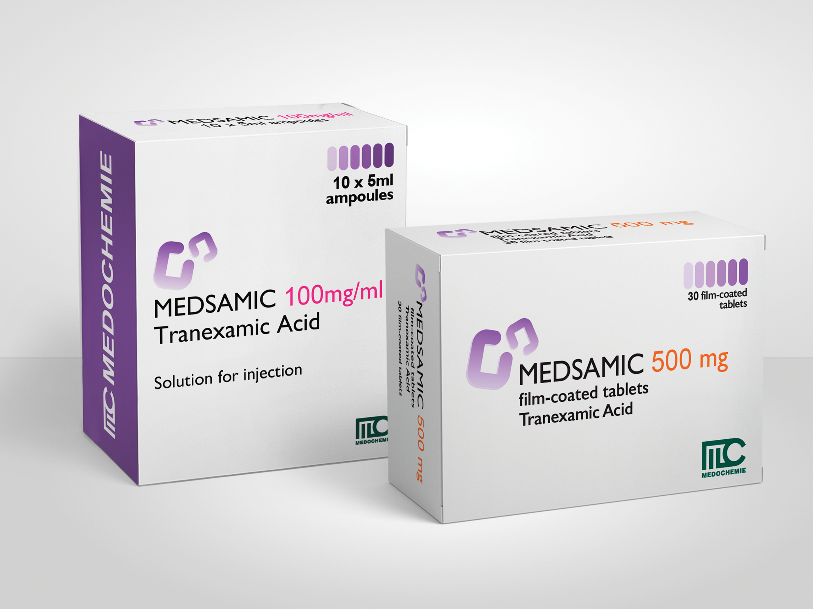 MEDSAMIC Tranexamic acid FCT 500mg, Tranexamic acid Solution for injection 250mg/5ml, 500mg/5ml, 1000mg/10ml 1